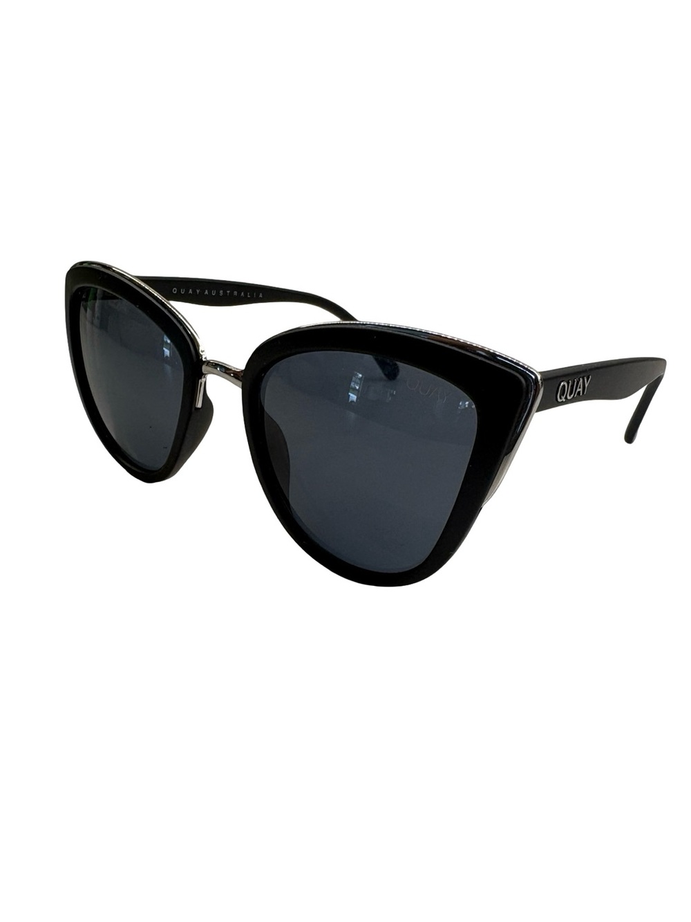 Quay Australia My Girl Black Cat Eye Sunglasses with Dark Lenses Sliver Detail